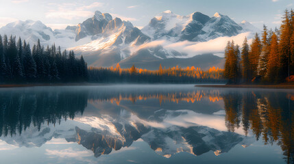 A mountain lake, with melting snow-capped peaks as the background, during the thaw of spring - obrazy, fototapety, plakaty