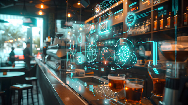 Cinematic photograph of bar filled with energy-filled data visualization. selective focus icons. AI. Smart spaces.