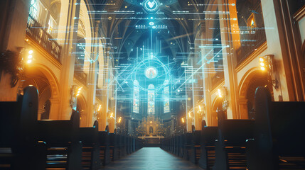 Cinematic photograph of church filled with energy-filled data visualization. selective focus icons. AI. Smart spaces.