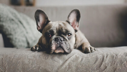 Cute French Bulldog resting on the sofa, a family pet, subdued colors