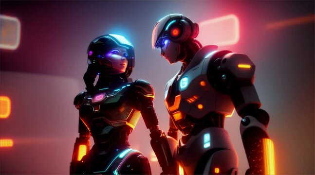 Couple of robots fall in love in spring . High quality FullHD footage