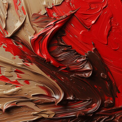 Thick oil paint on canvas. Beige, red and brown colors. Background and texture for design....