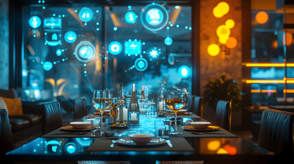 Cinematic photograph of home dining room filled with energy-filled data visualization. selective focus icons. AI. Smart spaces.