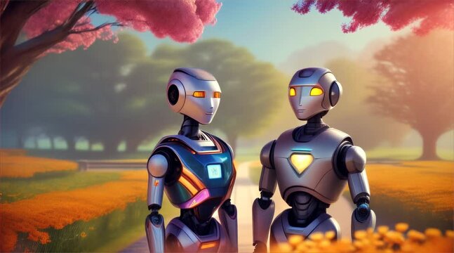 Couple of robots fall in love in spring . High quality FullHD footage