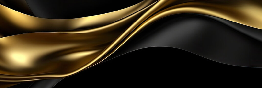 3d golden wave silk satin background.  Abstract luxury swirling black gold background. Gold waves abstract background texture.