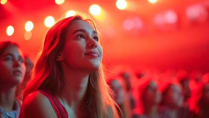 Naklejka premium A lone woman stands out in a sea of faces, her fiery red clothing a bold statement of individuality