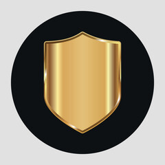 Golden 3D shield. Icon. Vector on a grey background