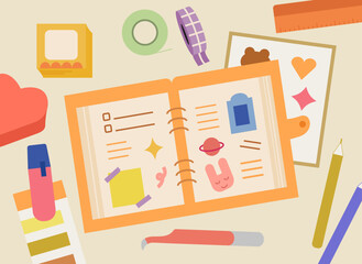 decorating the diary with cute stationery supplies 