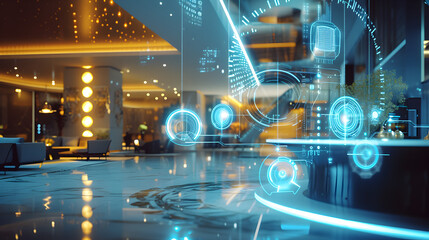 Cinematic photograph of hotel lobby filled with energy-filled data visualization. selective focus icons. AI. Smart spaces.
