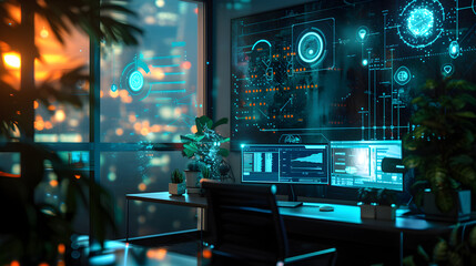 Cinematic photograph of home home office filled with energy-filled data visualization. selective focus icons. AI. Smart spaces.