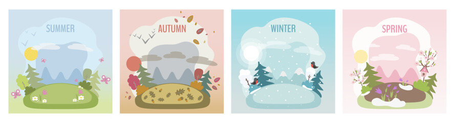 Cute landscape in simple cartoon style. Vector illustration of seasons  for children's books, cards, stickers.