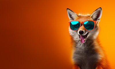 Fox wearing sunglasses on a orange color background.
