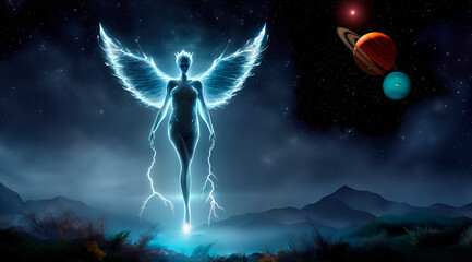 Electric angel on an alien planet in a galaxy far, far away. - obrazy, fototapety, plakaty