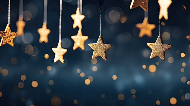  golden stars hanging in the air on  dark blue background, New year, Christmas background with gold stars and sparkling. Abstract background with Dark blue and gold particle.