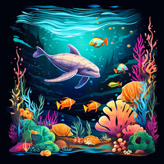 Whimsical underwater scene with friendly cartoons- for t-shirt print