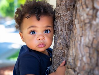 Small Child Peeking Out From Behind a Tree