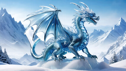 Blue majestic ice dragon with transparent wings on a snowy mountains background.Mythical fantasy creature.Year of the Dragon.AI generated