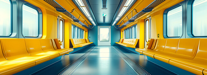 The vibrant hues of yellow and blue illuminate the sleek interior of the subway train, beckoning passengers to embark on a journey of discovery and adventure - obrazy, fototapety, plakaty