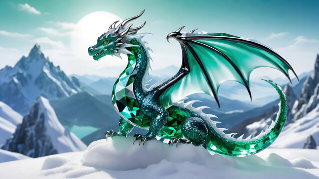 Green majestic emerald crystal dragon with transparent wings on a snowy mountains background.Mythical fantasy creature.Year of the Dragon.AI generated