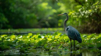 A wildlife sanctuary, with lush greenery as the background, during the migration season of spring