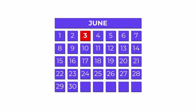 3rd June calendar icon animation. Alpha matte with transparent background 4K resolution.