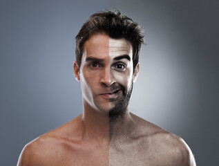 Man, beard and half face for hair removal improvement in studio for wellness, comparison or grey...