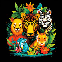 illustration of colorful jungle safari cartoons