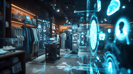 Cinematic photograph of retail clothing shop filled with energy-filled data visualization. selective focus icons. AI. Smart spaces. - obrazy, fototapety, plakaty