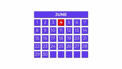 4th June calendar icon animation. Alpha matte with transparent background 4K resolution.
