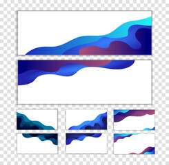 Set Banners. Background with blue abstract multilayered wavy pattern. Paper art style. Template design for posters, banners, flyers, booklets