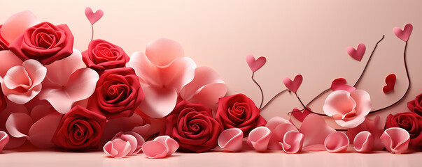 Blooming love for Mother's Day with red roses and heart-shaped petals spread on a soft pink background