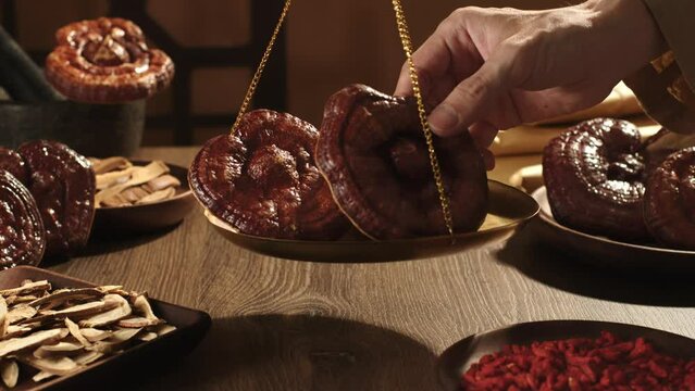 A hand is holding dried lingzhi mushrooms and putting them in a scale. On the wooden table, lingzhi mushrooms, dried goji berries and medicinal herbs are displayed.