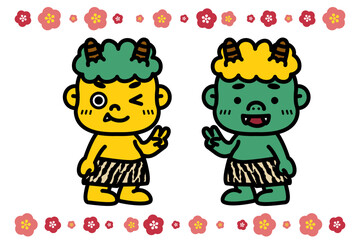 ピースサイズでポーズを決める黃鬼と緑鬼