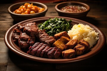 flat lay assorment of yummy delicious food on table made with AI  