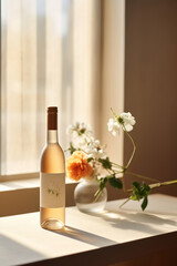 A bottle of white wine without a label next to a vase and a flower. Composition for commercial advertising