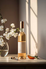 A bottle of white wine without a label next to a vase and a flower. Composition for commercial advertising