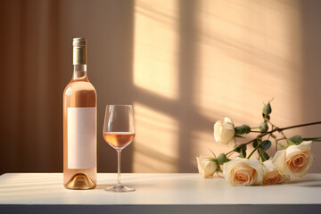 A bottle of white wine without a label next to a vase and a flower. Composition for commercial advertising