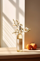 A bottle of white wine without a label next to a vase and a flower. Composition for commercial advertising