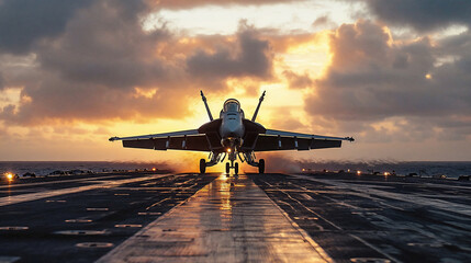 Fototapeta na wymiar A jet poised on an aircraft carrier deck, with the sunset and ocean in the background, ready for a mission.