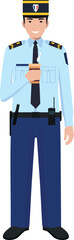 Standing French Policeman Gendarme with Cup of Coffee in Traditional Uniform Character Icon in Flat Style. Vector Illustration.