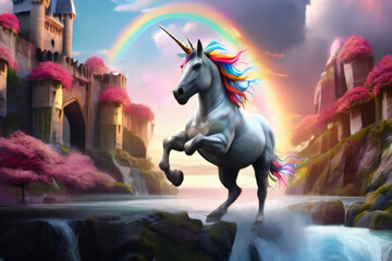 Wilder Hengst mit Horn gallopiert durch einen Regenbogen. Pferd, Einhorn, Regenboden, Märchen.