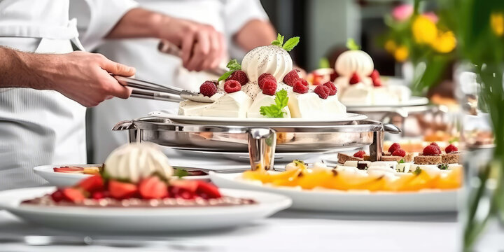 chef is preparing desserts on a plate,
