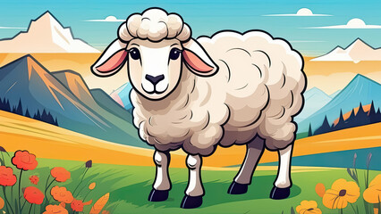 Sheep on the background of mountains and meadow. Generative AI