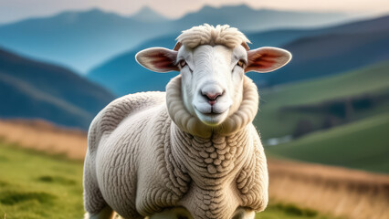 Sheep on a green meadow with mountains in the background. Animal portrait. Generative AI