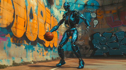 Cinematic photograph of robot playing basketball AI. Smart robots. Future.