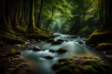 Fotobehang View of river flowing through forest © sami