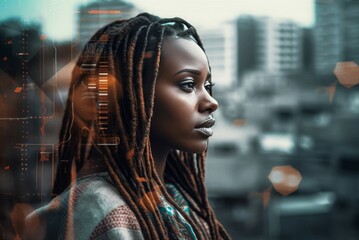 Kenyan female model on metropolis view. Stylish African lady with dreadlock hairstyle. Generate ai