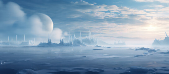 Fantasy World: Alien City in a Futuristic Landscape, Illuminated by Moonlight and Starry Skies