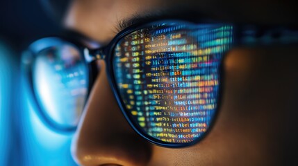 Reflection of computer code in programmer's glasses
