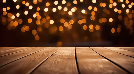 empty wooden table area behind artificial christmas lights on a wood background,Empty wood table top with blur bokeh light background - obrazy, fototapety, plakaty